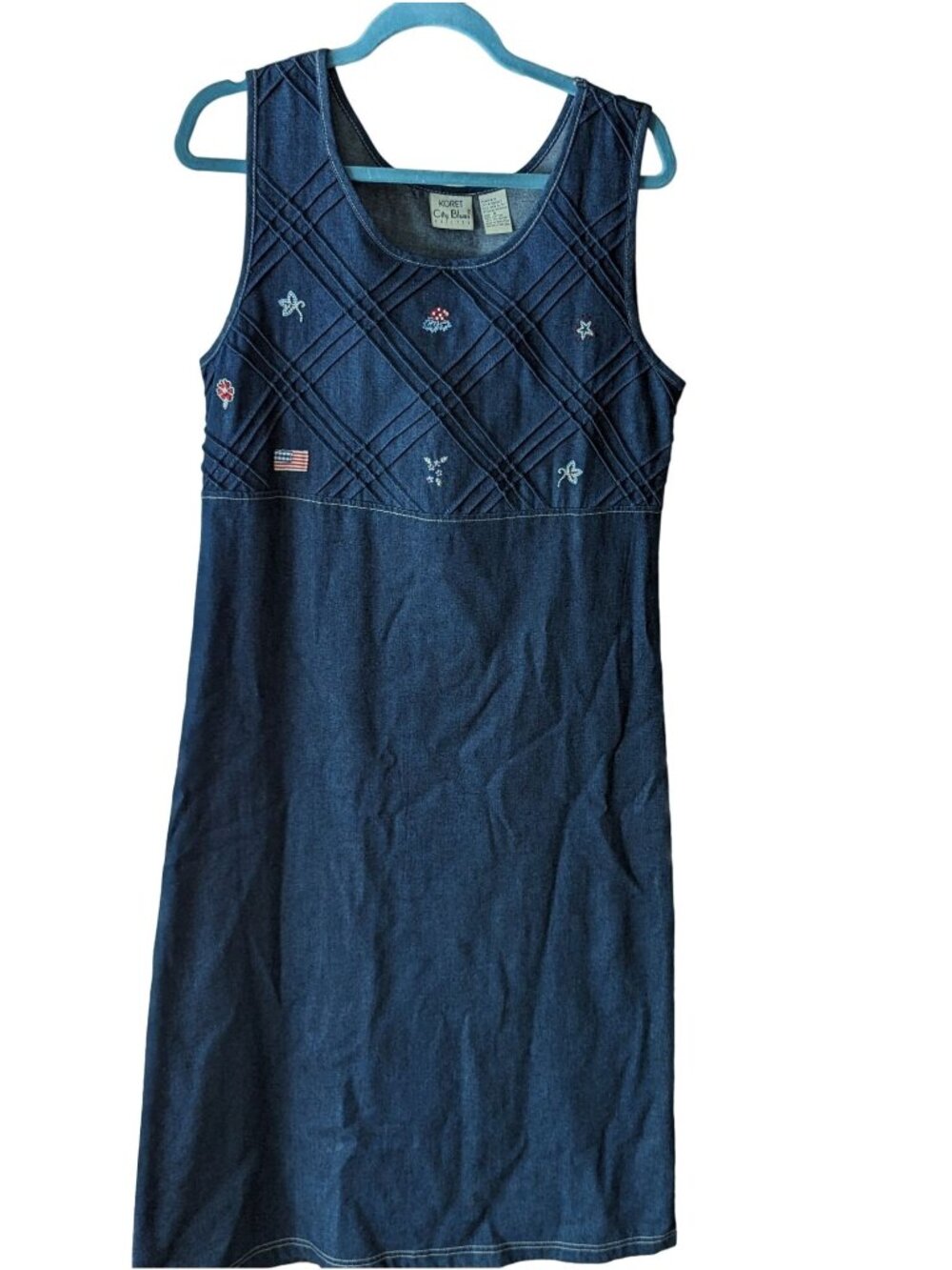 Koret City Blues Sleeveless Denim Jumper Dress With Patriotic Embroidery Womens